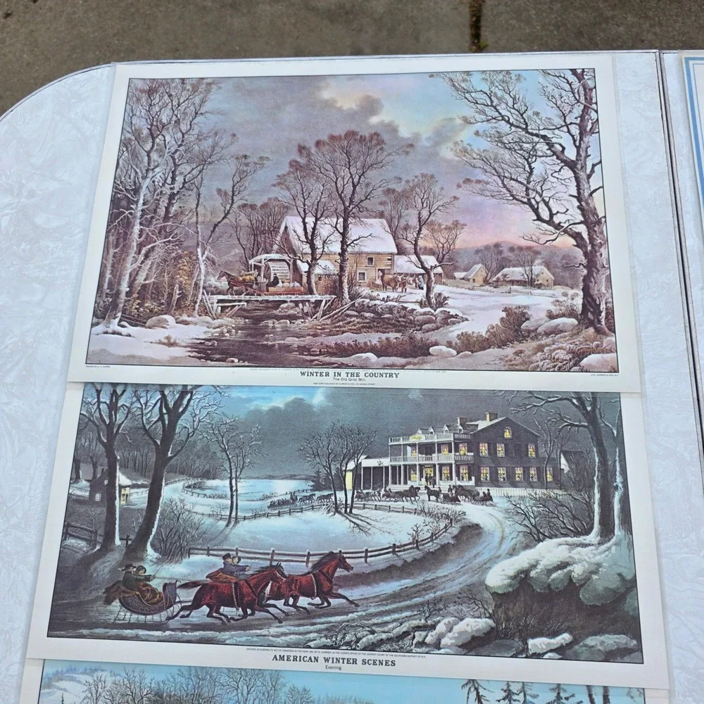 Vintage Currier & Ives Placemats Set of 8 Multicolor American Winter Scenes